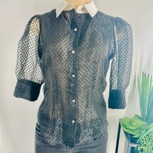 Zara black polka dots with white collar sheer blouse